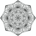 Mandala with floral ornaments in folk style and linear figures drawn for coloring on a white background, vector